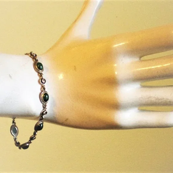 Russian Russia Sterling Silver 925 Bezel Set Malachite Tennis Bracelet